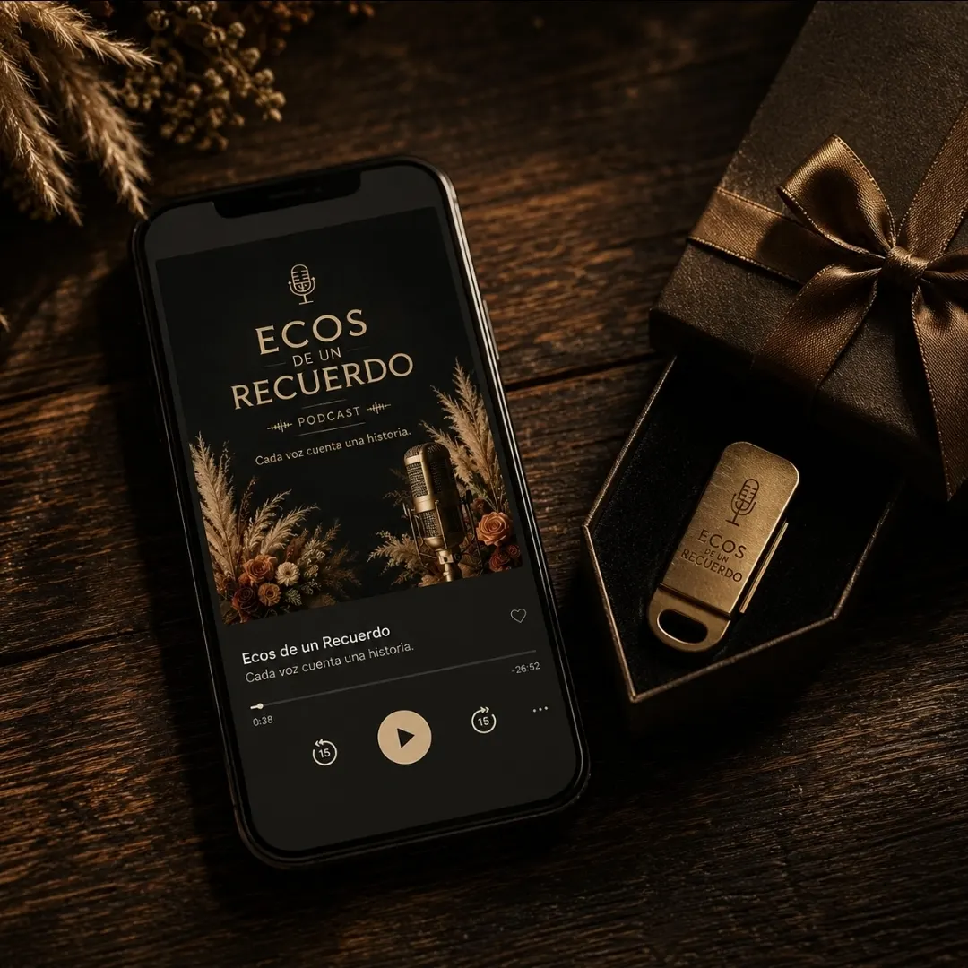 Podcast en el celular y USB grabado en su caja de regalo